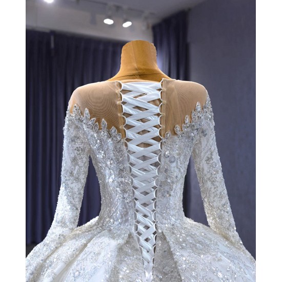 Long Sleeve Wedding Gown Crystal Bead Scoop Neck Lace Appliques Embroidery Wedding Dress 